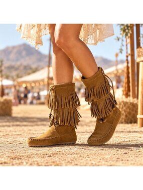 Minnetonka Sz 8 Double Fringe Suede Moccasin Boots Brown Boho Western Festival